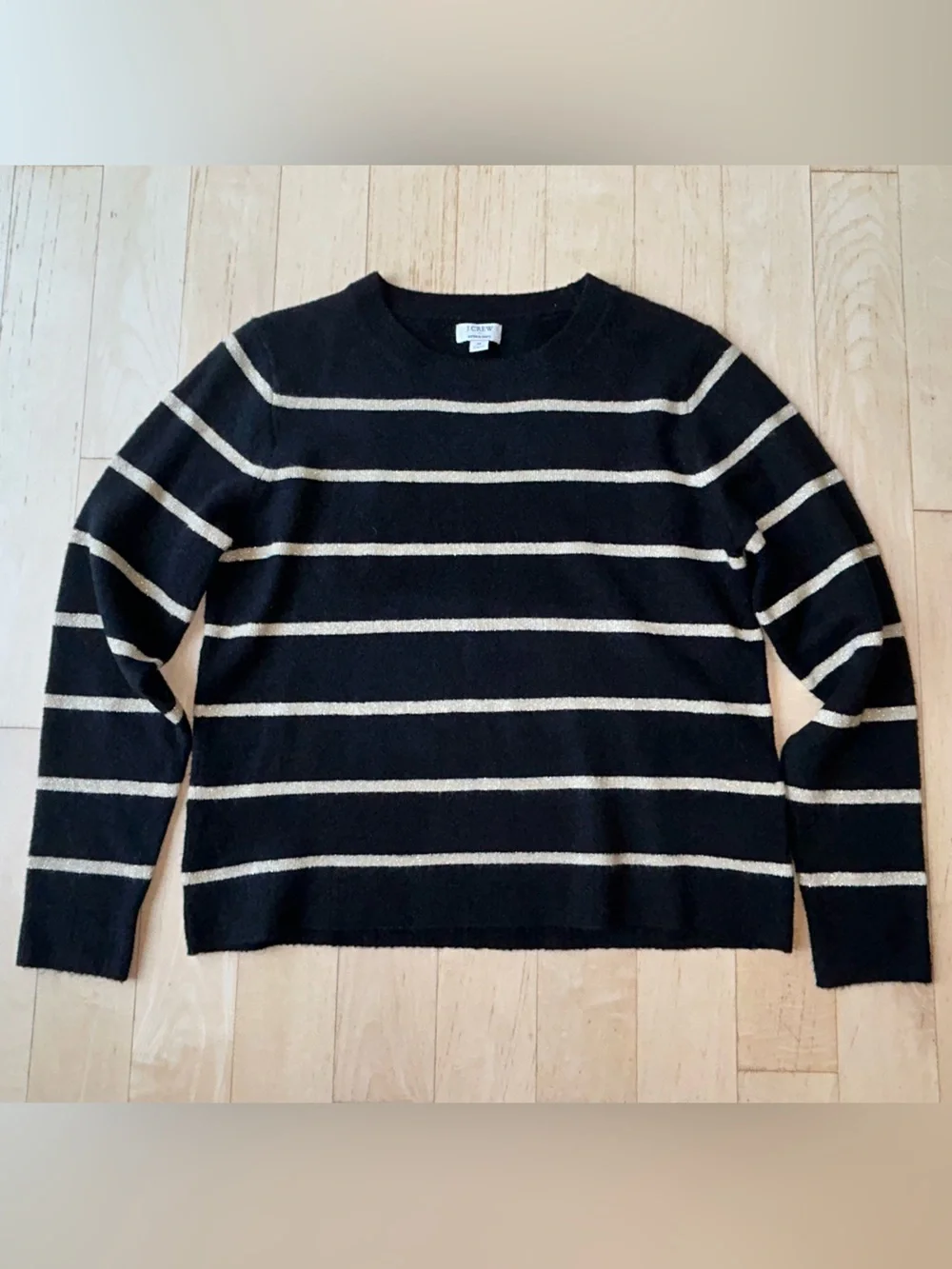 J. Crew Shimmer Striped Crewneck Sweater in Extra-Soft Yarn Black/Gold Medium